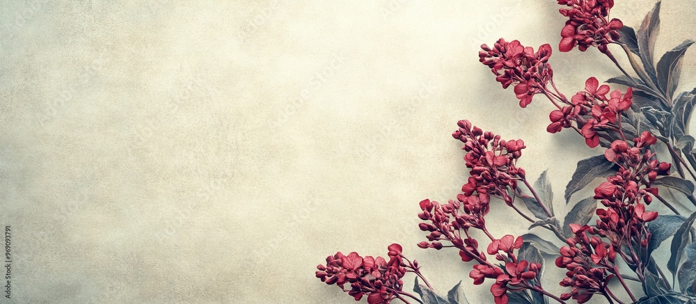 Poster textured vintage paper background featuring red valerian. with copy space image. Place for adding text or design