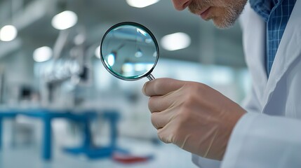 A scientist examines samples using a magnifying glass in a modern laboratory, showcasing attention to detail and precision.