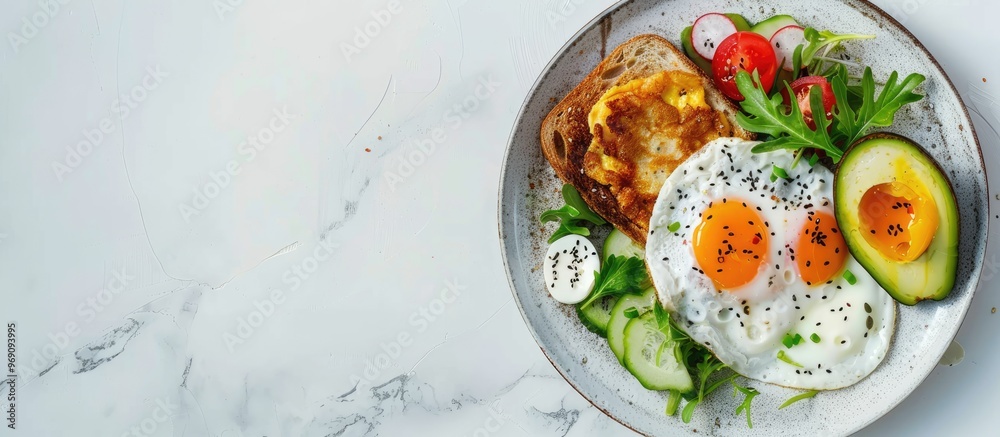 Poster Nutritious and filling breakfast Fried eggs with vegetables next to toast topped with avocado on a white background top view copy space