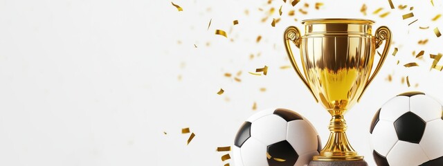 Golden champion cup and soccer balls on white background and gold confetti, sports banner with copy space. Winner's trophy on festive background. Soccer cup final. Gold award 3d First place winner.