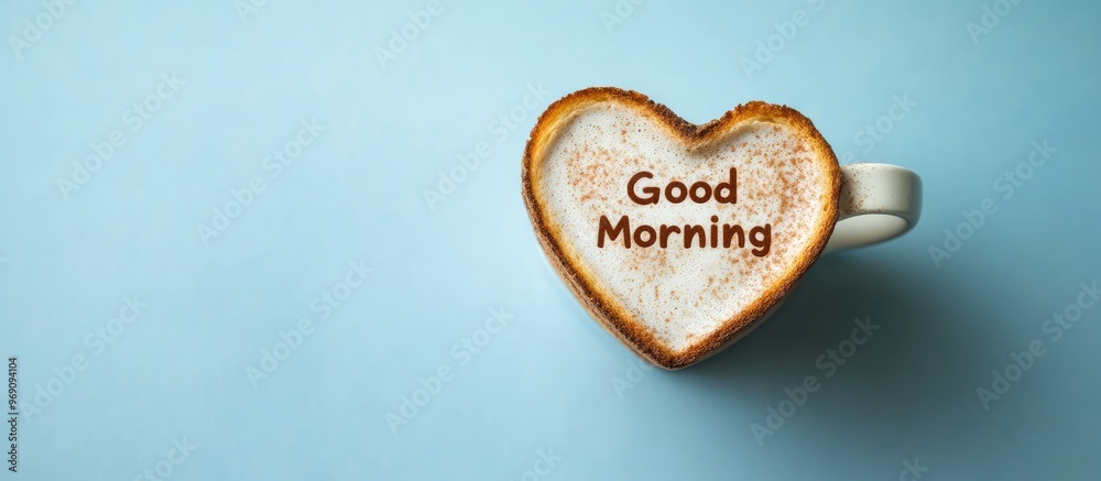 Aufkleber coffee cup and toast with a heart shaped cinnamon topping viewed from above on a blue background fea