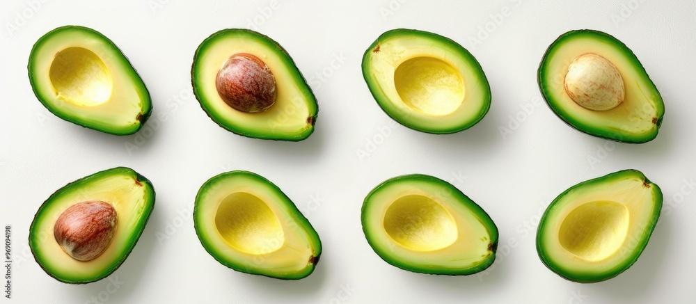 Poster Flat lay arrangement featuring ripe avocados against a white background with space for text Top view. with copy space image. Place for adding text or design