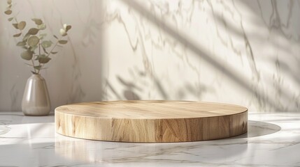 marble podium and wooden platform with a kitchen counter background, perfect for food displays and product presentations, featuring a restaurant interior and table design with light accents