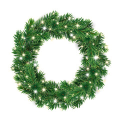 Christmas wreath with glowing Christmas lights. Christmas tree decoration. Holiday fir tree garland. Festive winter season frame, realistic spruce branches. Transparent background in vector file.