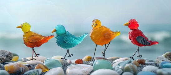 Humorous small birds crafted from a piece of seaglass featuring roughly drawn legs and beak set against a white background. with copy space image. Place for adding text or design