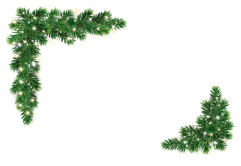 Christmas tree decoration. Holiday fir tree garland, festive Christmas corner. Winter season frame, realistic spruce branch with glowing Christmas lights. Transparent background in vector file.