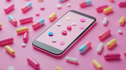 Smartphone surrounded by colorful pills and capsules on a vibrant pink background, representing the concept of digital healthcare, online medication management, and telemedicine