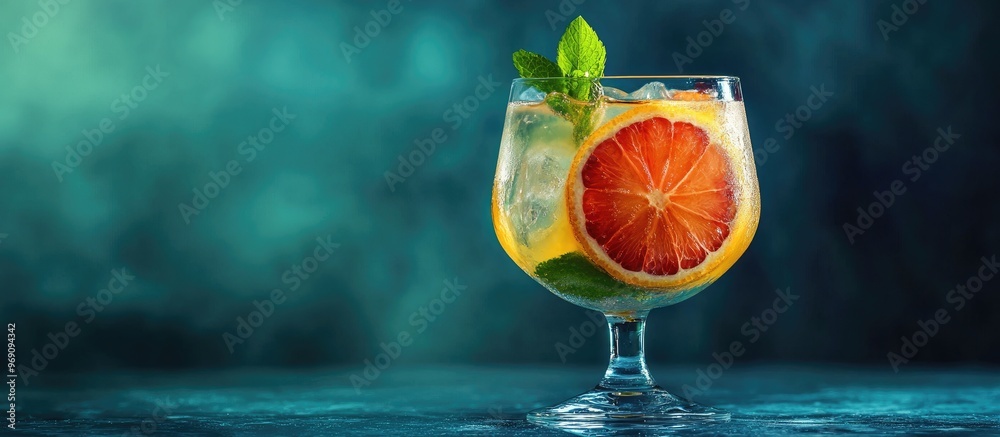 Poster citrus cocktail with mint served in a glass goblet a variety of beverages idea for drinks summer war