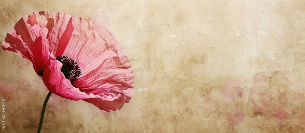 Poster textured vintage paper background featuring a pink poppy flower. with copy space image. Place for adding text or design