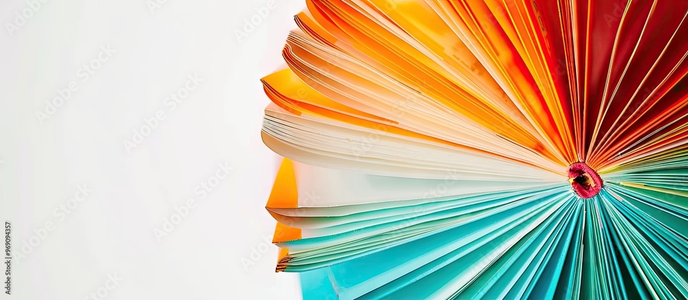 Poster top view of vibrant hardback books arranged in a circle an open book with fanned pages is set agains