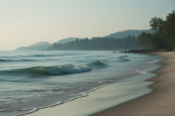 Obraz premium Pastel-Colored Seashore with Gentle Waves and Tranquil Nature Background