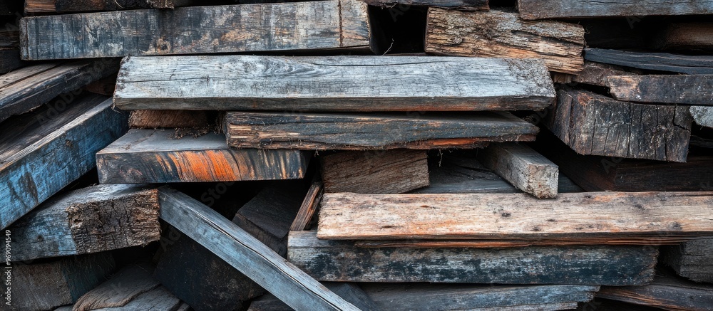 Poster Old decayed discarded decking planks piled up side view. with copy space image. Place for adding text or design