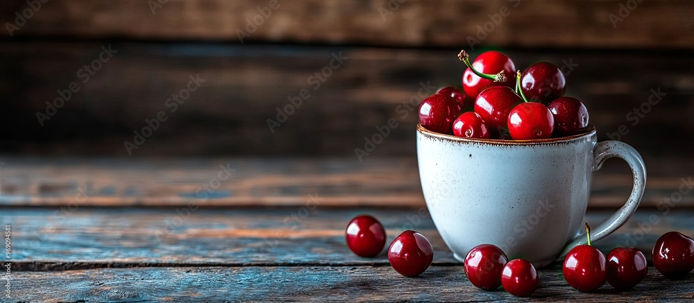 Aufkleber fresh cherries in a cup on a dark rustic wooden table background with copyspace selective focus