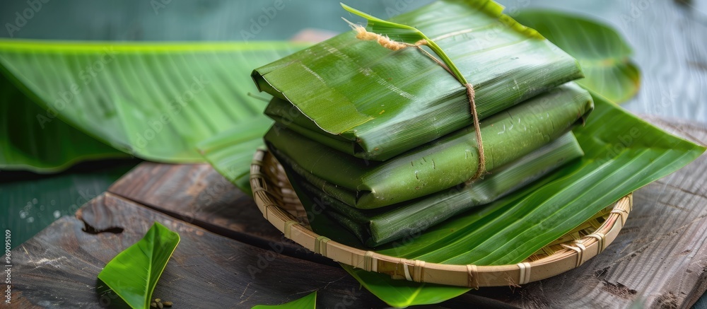 Poster banana leaves can serve as wrappers for both desserts and savory dishes set against a white backgrou