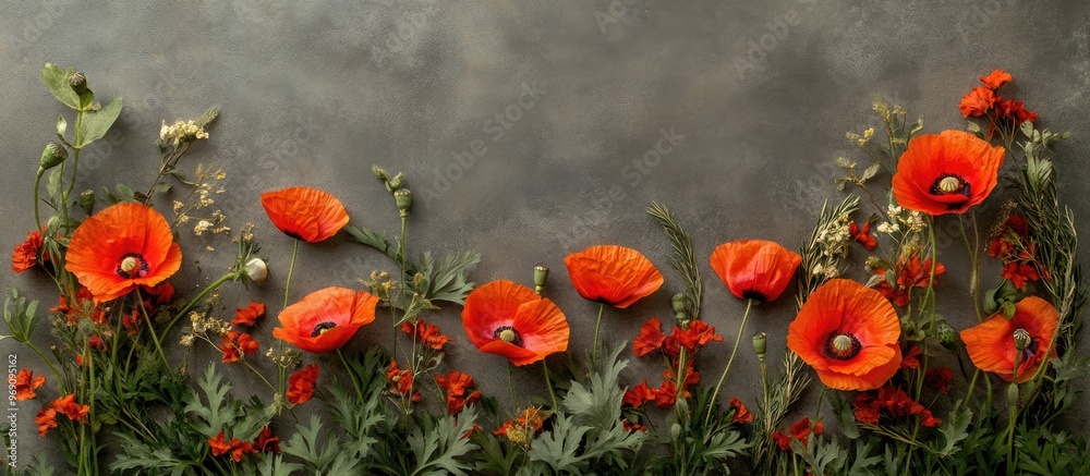 Poster Wildflower arrangement featuring poppies. with copy space image. Place for adding text or design