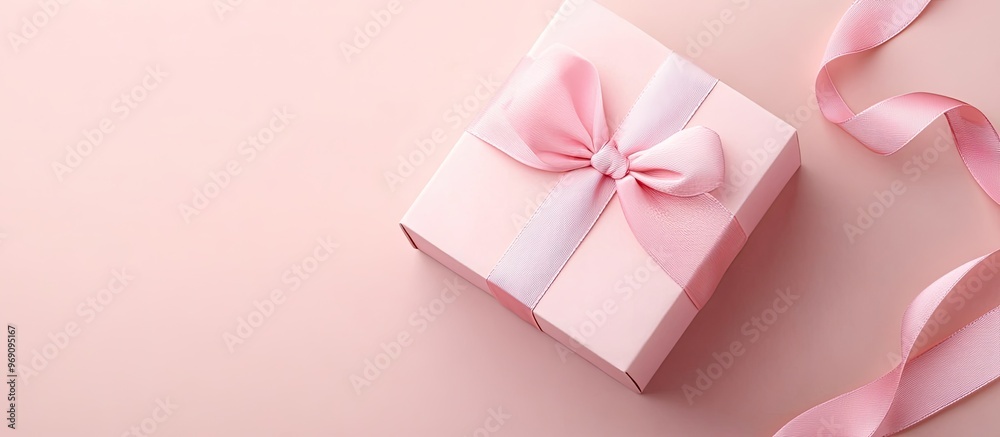 Poster gift box wrapped in pastel paper with a pink ribbon on a pink surface top view. with copy space imag