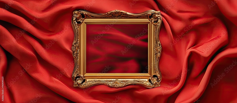 Aufkleber Antique gold photo frame red fabric backdrop. with copy space image. Place for adding text or design