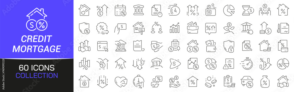 Poster credit and mortgage line icons collection. thin outline icons pack. ui icon collection. set of line 