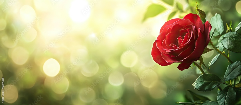Poster Red rose flower in a spring season natural backdrop. with copy space image. Place for adding text or design