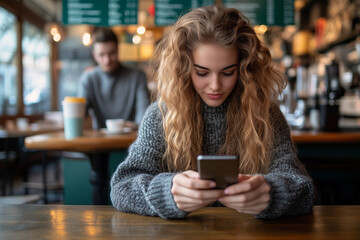 A young woman with long, wavy blonde hair is seated at a wooden table in a cozy café, focused on her smartphone.
