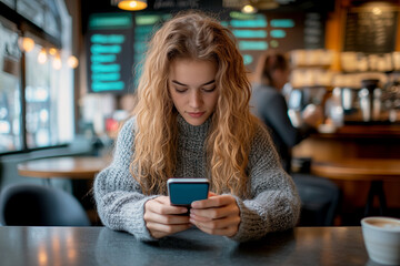 A young woman with long, wavy blonde hair is seated at a wooden table in a cozy café, focused on her smartphone.