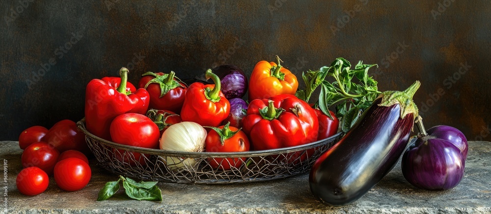 Fototapete Harvest of ripe peppers tomatoes eggplants and onions in a metal basket on a stone table. with copy space image. Place for adding text or design