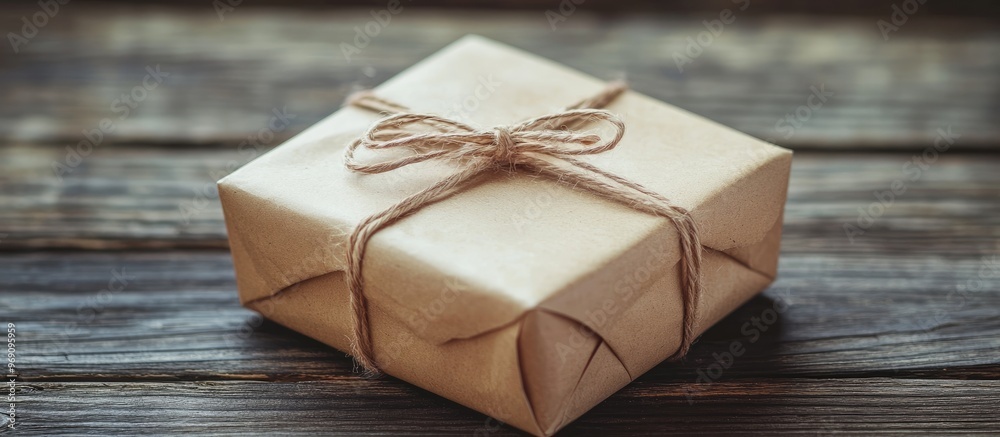 Poster Vintage gift box package with an address card set against an old wooden background. with copy space image. Place for adding text or design