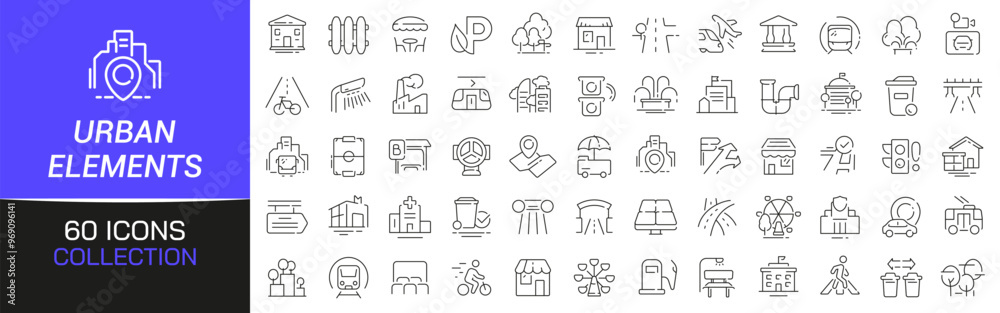 Poster Urban elements line icons collection. Thin outline icons pack. UI icon collection. Set of line web pictogram
