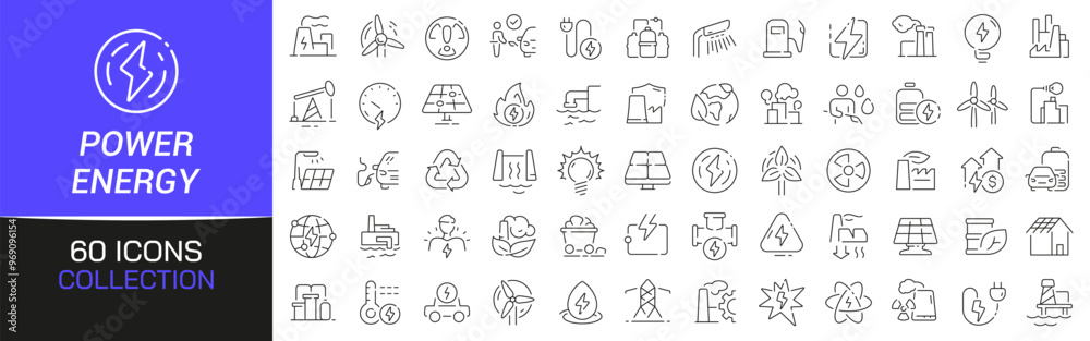 Poster Power and energy line icons collection. Thin outline icons pack. UI icon collection. Set of line web pictogram