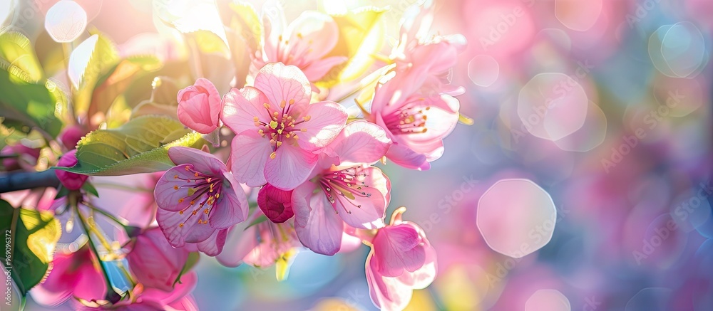 Fototapete Spring natural background with blooms Springtime theme Top view. with copy space image. Place for adding text or design