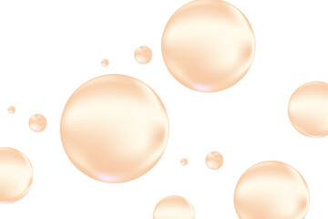 Glowing nude beige liquid 3D bubbles or fluid serum droplets isolated on transparent background. Aesthetic composition for cosmetology, beauty science, skin care molecular concept.