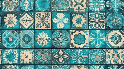 Turquoise seamless ethnic tile design featuring Portuguese azulejos Ikat pattern Italian majolica Mexican Puebla Talavera and Moroccan and Turkish floor tiles Tiled texture suitable for flooring
