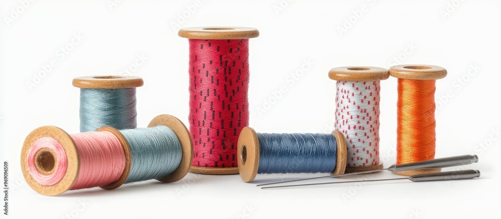 Aufkleber A collection of sewing spools and two needles set against a white background with genuine shadows. with copy space image. Place for adding text or design