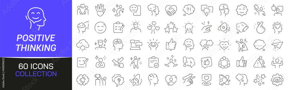 Poster Positive thinking line icons collection. Thin outline icons pack. UI icon collection. Set of line web pictogram
