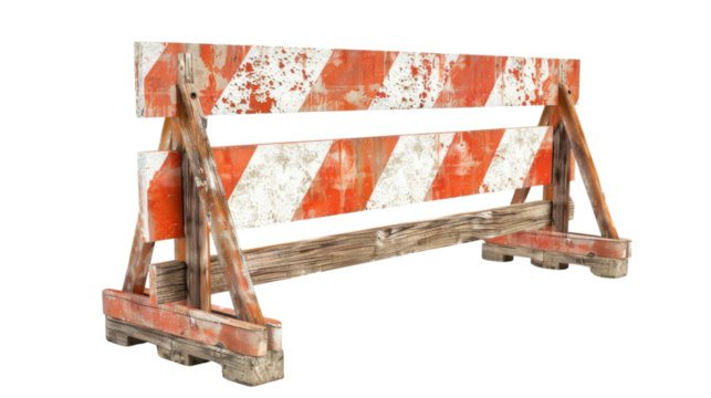 Old construction striped barricades on transparent background
