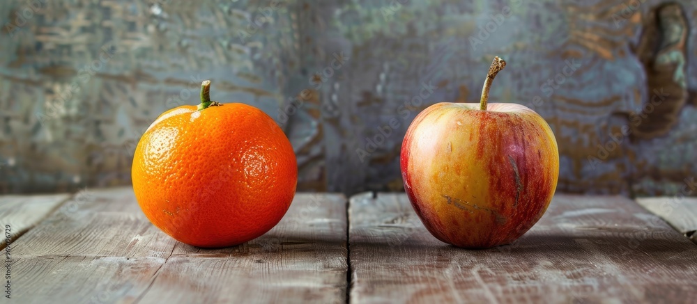 Poster Comparing apples to oranges a conceptual image based on a traditional saying. with copy space image. Place for adding text or design