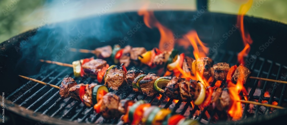 Aufkleber Grill with a variety of tasty barbecues outdoors with a selective focus. with copy space image. Place for adding text or design