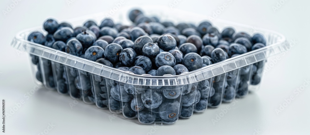 Poster a natural mound of freshly picked blueberries in a polyethylene terephthalate pet plastic container 