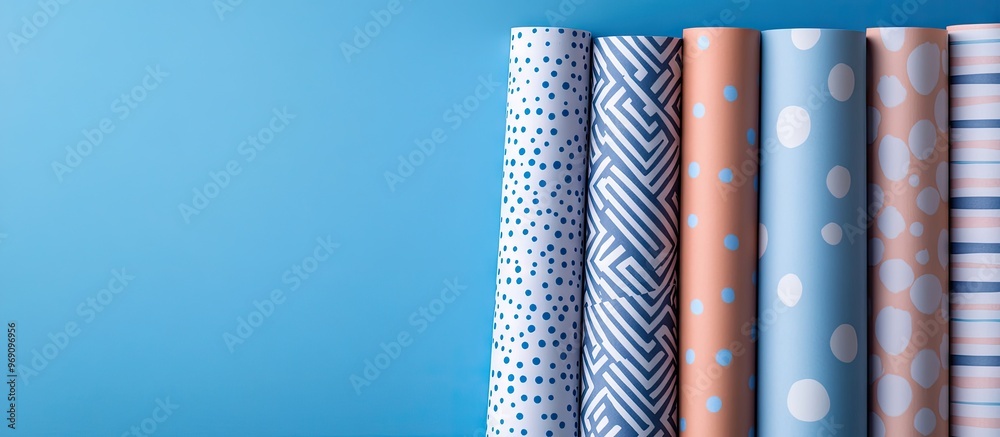 Poster copies of patterned paper in various shades on a blue backdrop. with copy space image. Place for adding text or design