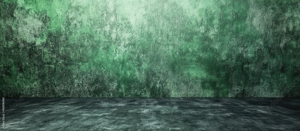 Poster A black and green wall backdrop in a dar style featuring a green wall with a green painted background along with an abstract texture resembling handmade concrete or plaster. with copy space image