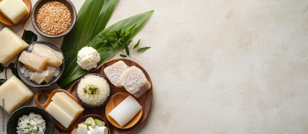 Poster a selection of konjac konnyaku well known japanese dietary food. with copy space image. place for ad