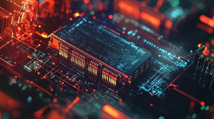 Obraz premium A dynamic composition showcasing computer hardware components, including memory sticks and connectors, layered over an abstract background of flowing digital data and technology patterns.