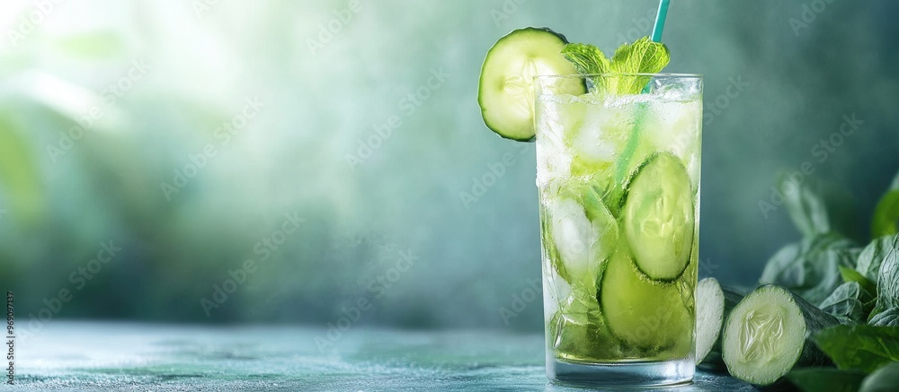 Fototapete Cucumber Cooler mocktail is a refreshing beverage for summer. with copy space image. Place for adding text or design