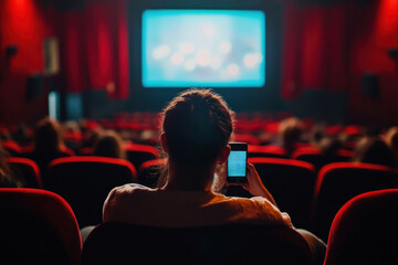 Close-up of person using cell phone in a movie theater. The theater is full of people, and the screen is lit up. People texting in the cinema during the movie concept.