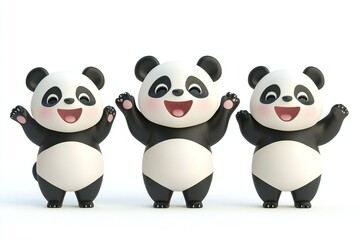 Obraz premium Set of 3D cute happy cartoon panda, isolated on white background