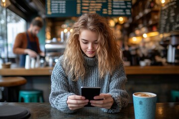 A young woman with long, wavy blonde hair is seated at a wooden table in a cozy café, focused on her smartphone.