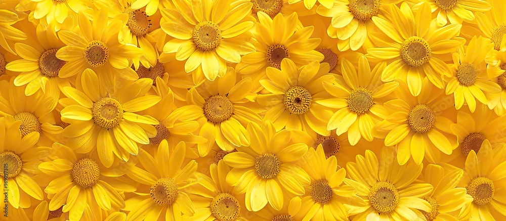 Poster yellow daisies on a yellow backdrop top view. with copy space image. Place for adding text or design