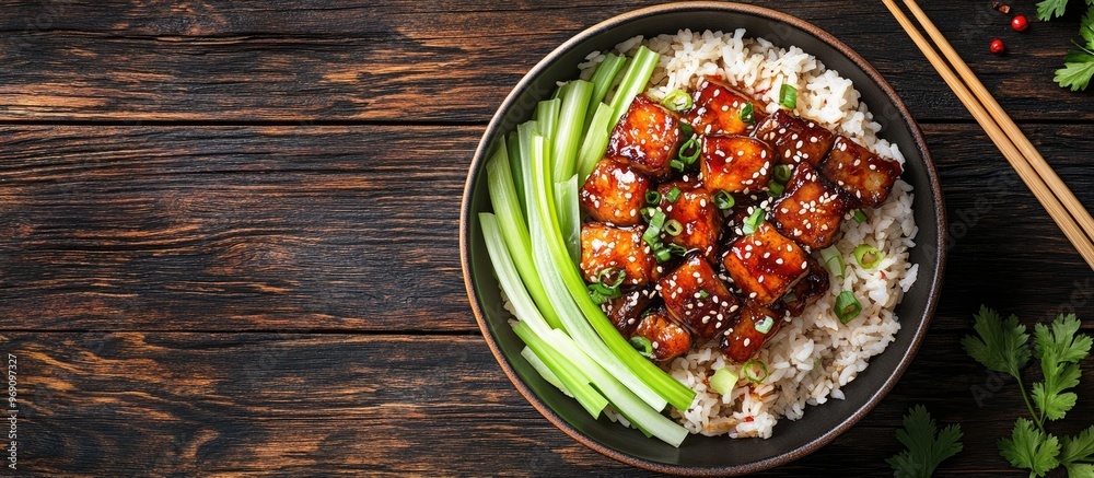 Aufkleber grilled deep fried pork belly in a bowl with rice celery chili pepper and spring onion with chopstic