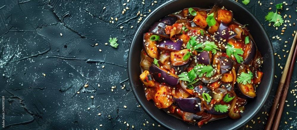 Poster spicy hot stew with eggplant in korean style and green onion sauteed aubergine vegan dish flat lay t