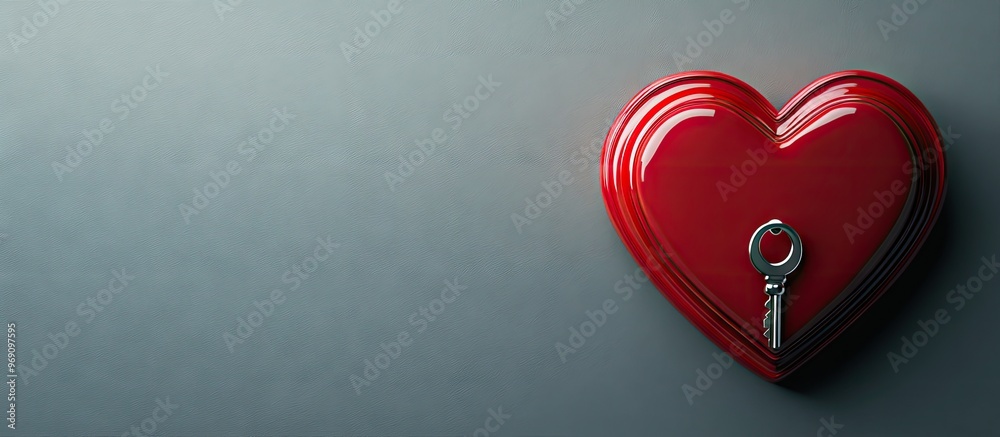 Aufkleber Heart shaped box with a key against a grey backdrop. with copy space image. Place for adding text or design